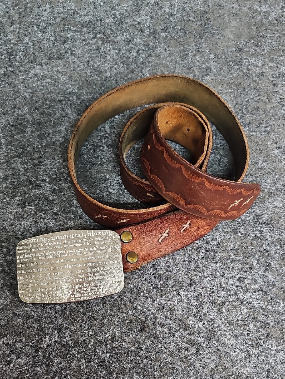 90s Hollister Leather Belt, Pewter Buckle, Tooled Birds, Size 36